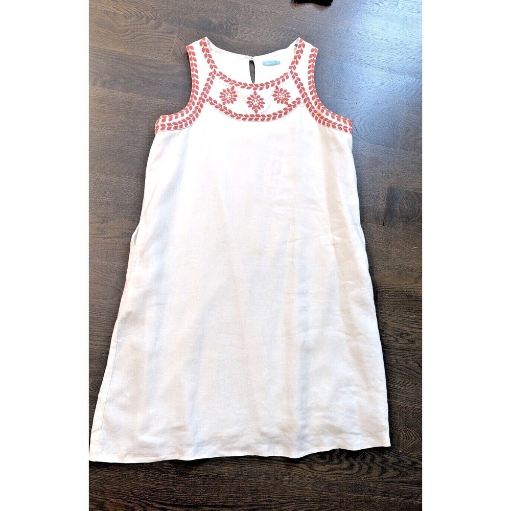 J. McLaughlin White Linen Embroidered Shift Dress Red  M Resort Preppy Hamptons - Picture 4 of 6